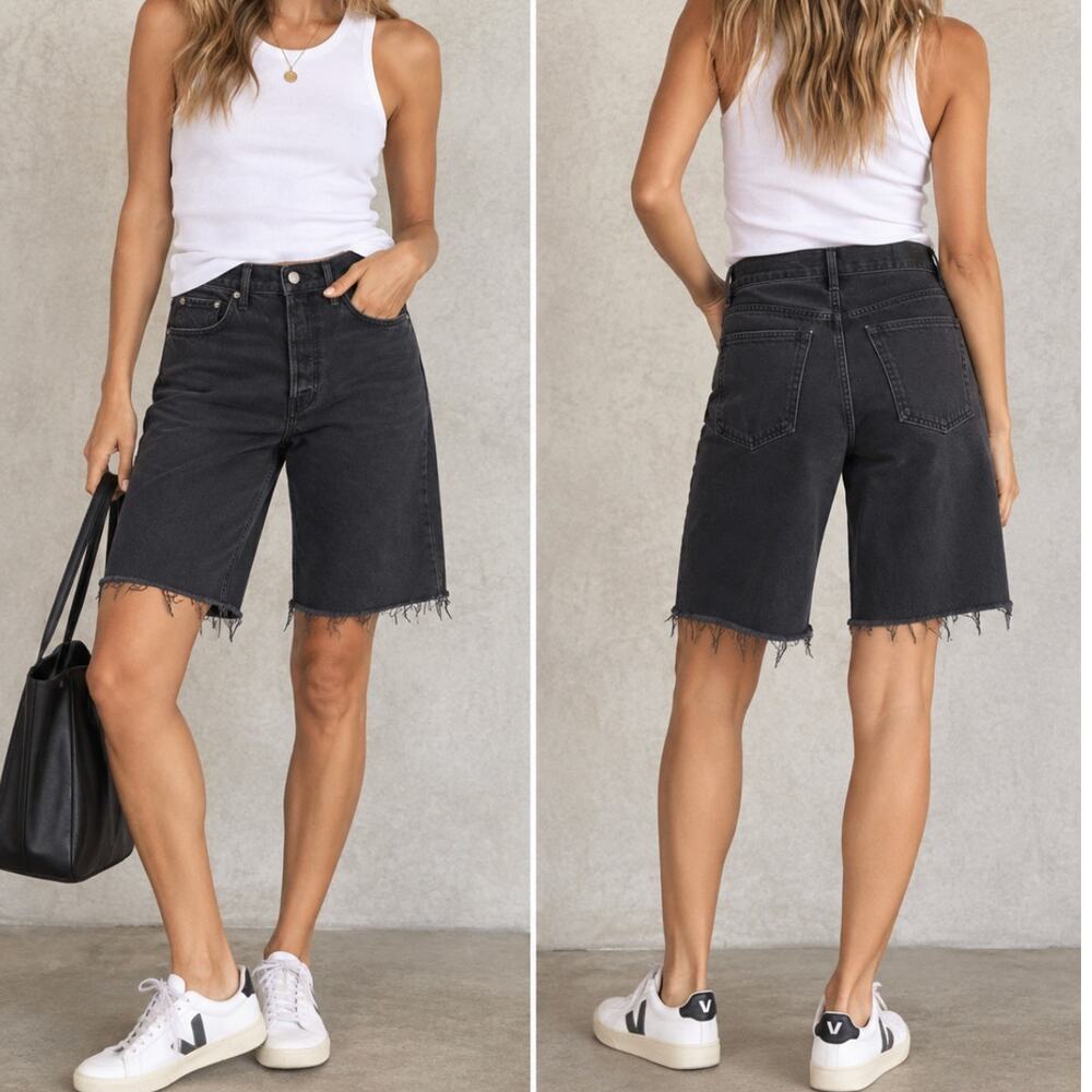 GRLFRND Beverly Denim Bermuda Shorts Womens 27 Black High Rise Raw Hem NWT